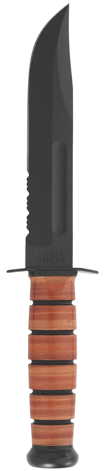 Ka-Bar 1218 USMC Fight/Utility 7" Fixed Clip Point Part Serrated Black 1095 Cro-Van Blade. Brown Leather Handle. Includes Sheath