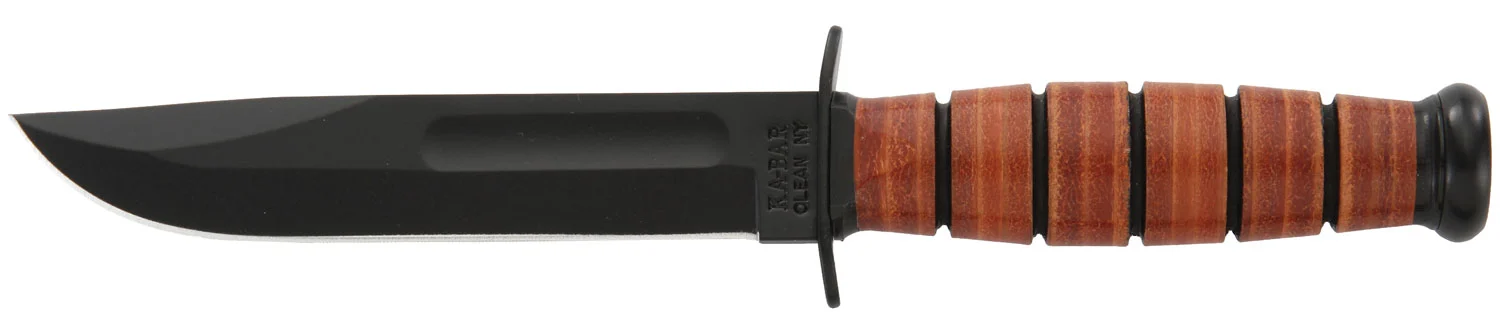 Ka-Bar 1250 Short USMC 5.25" Fixed Clip Point Plain Black 1095 Cro-Van Blade, Brown Leather Handle, Includes Sheath