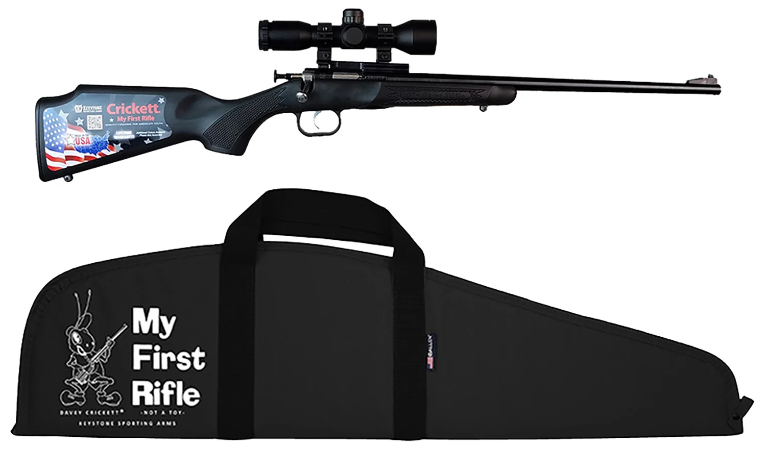 Crickett KSA2240BSC Youth Package 22 LR 1rd 16.12" Blued Barrel & Receiver, Black Synthetic Stock w/11.5" LOP, Rebounding Firing Pin Safety Includes 4x32 Scope, KSA301 Scope Mount Kit & Soft Rifle Cas