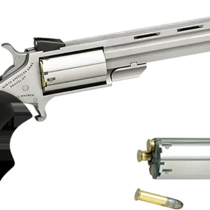 North American Arms MMC Mini-Master *CA Compliant 22 LR 22 WMR 5 Shot 4" Stainless Vent Rib Barrel, Stainless Steel Frame & Cylinder, Black Finger Grooved Rubber Grip, Exposed Hammer