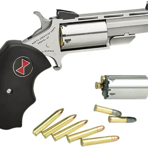 North American Arms BWC Black Widow 22 LR/22 WMR 5 Shot 2" Stainless Steel Vent Rib Barrel, Stainless Steel Frame, Stainless Cylinder, Black Finger Grooved Rubber Grip, Exposed Hammer