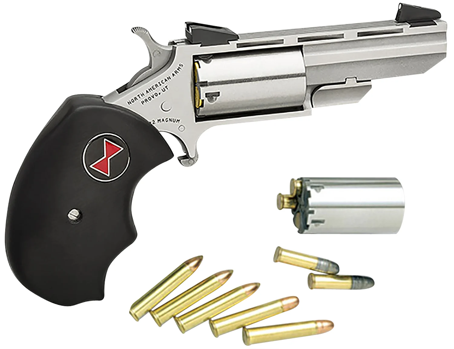 North American Arms BWC Black Widow 22 LR/22 WMR 5 Shot 2" Stainless Steel Vent Rib Barrel, Stainless Steel Frame, Stainless Cylinder, Black Finger Grooved Rubber Grip, Exposed Hammer