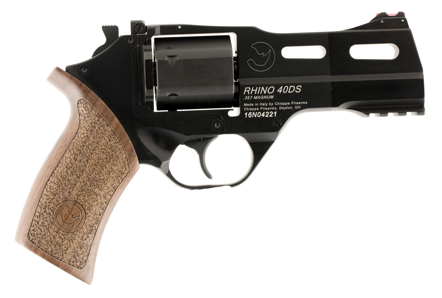 Chiappa Firearms 340219 Rhino 40DS Small Frame 357 Mag 6 Shot, 4" Black Anodized Steel Vent Rib Barrel, Blued Steel Cylinder, Black Anodized Aluminum Frame, Walnut Grip, Concealed Hammer