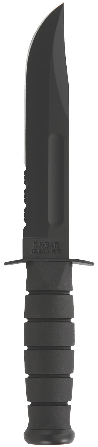 Ka-Bar 1214 Fighting/Utility 7" Fixed Clip Point Serrated Black 1095 Cro-Van Blade, Black Kraton G Handle, Includes Sheath