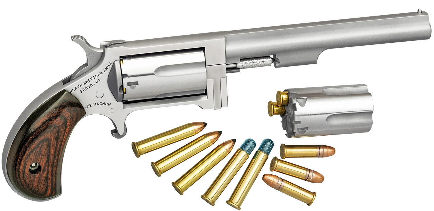 North American Arms SWC4 Sidewinder *CA Compliant 22 LR/22 WMR 5 Shot 4" Stainless Steel Barrel, Stainless Steel Frame, Stainless Cylinder, Rosewood Birdshead Grip, Exposed Hammer