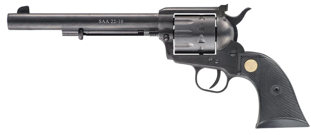 Chiappa Firearms CF340170 SAA 1873 Medium Frame 22 LR 10 Shot, 7.50" Blued Steel Barrel, Blued Steel Frame, Blued Cylinder, Black Plastic Grip, Exposed Hammer