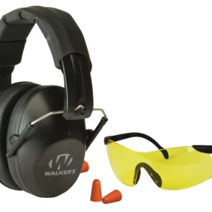 Walker's GWPFPM1GFP Pro Low Profile Passive Muff Combo Kit Includes Foam Ear Plugs, Low Profile 31 db Over the Head Passive Muff, Shooting Glasses w/Yellow Lens