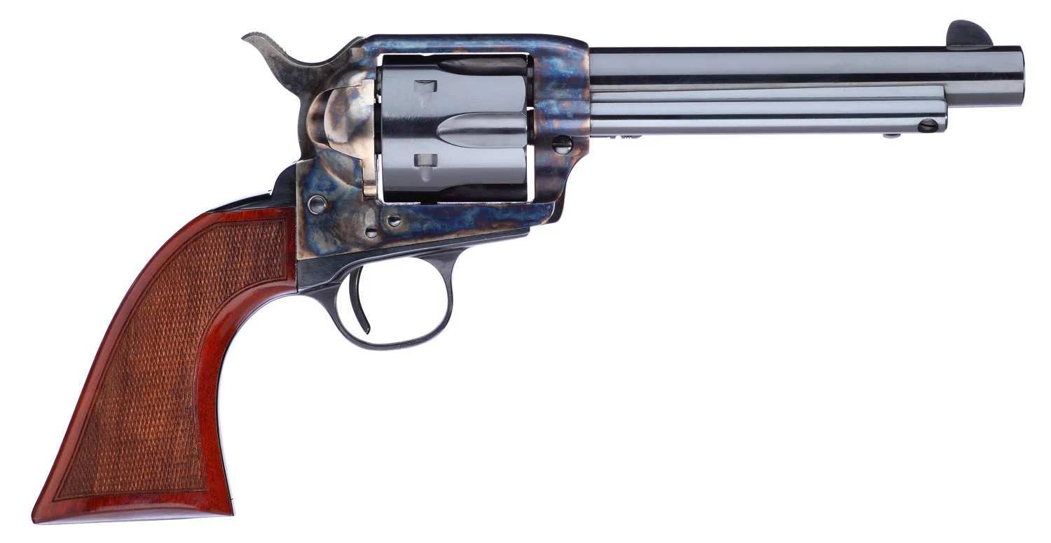 Taylors & Company 556209DE Short Stroke Gunfighter Uberti 357 Mag 6 Shot 5.50" Blued Round Barrel & Cylinder, Color Case Hardened Steel Frame, Walnut Checkered Army Style Grip, Exposed Hammer