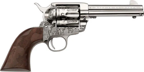 E.M.F. COWPOKE 357 MAG 4.75" - ENGRAVED NICKEL WOOD