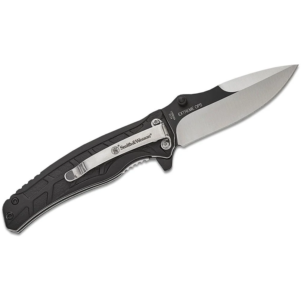 Smith & Wesson Extreme Ops Folding Knife 3" Drop Point Blade Two Tone Black Silver Box
