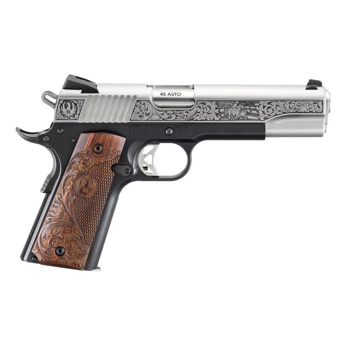 Ruger SR1911 Handgun .45 ACP 8rd Magazine(2) 5" Barrel 2-Tone w/Engraved Wood Grip