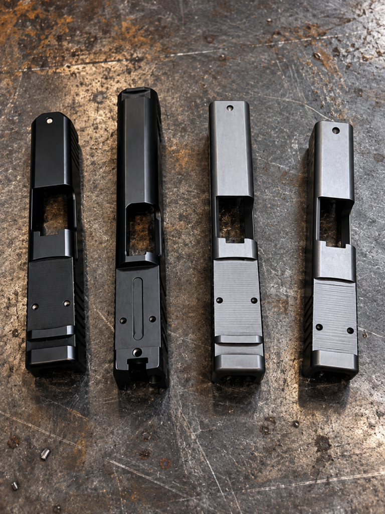 Pistol slides with optic mounting cuts on the workshop bench