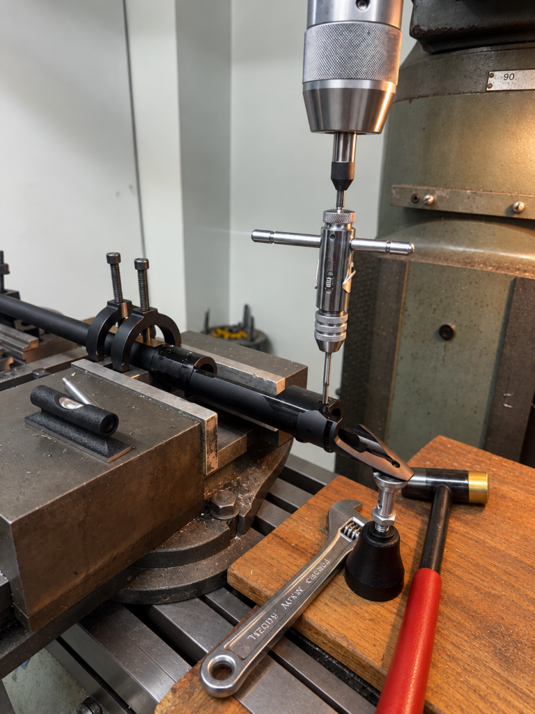 Rifle action set up for drilling and tapping