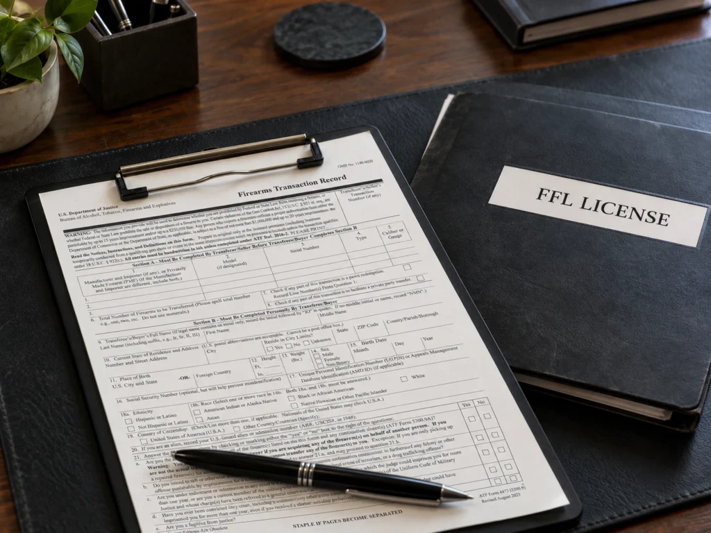 Blank ATF Form 4473 paperwork on a clipboard beside an FFL license folder and a pen