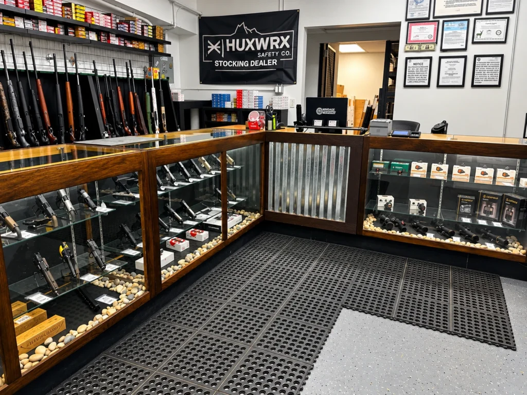 Firearms display cases and rifle wall inside Windage Weaponry in Gypsum, Colorado